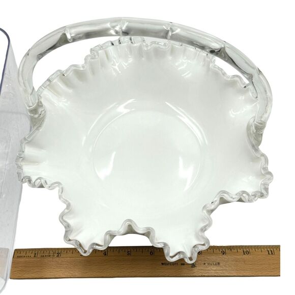 Vintage Fenton Silver Crest Bridal Basket White Ruffled Clear Edges Handle Large - Picture 16 of 16